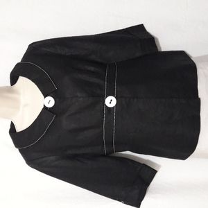 Women Snap Front Black Jacket Collar Three Quarter Sleeve Size 42